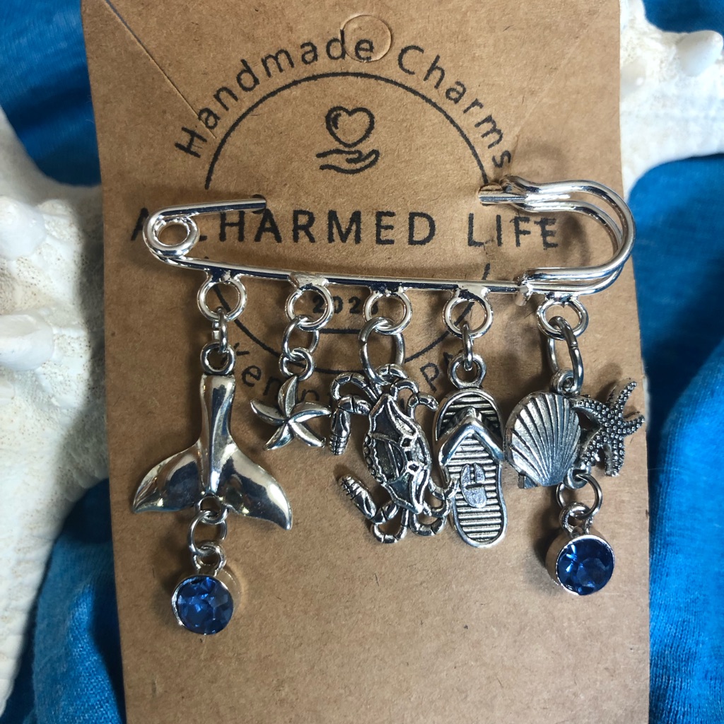 Nwt, Handmade By A Charmed Life. Silver Pin With Ocean Themed Charms